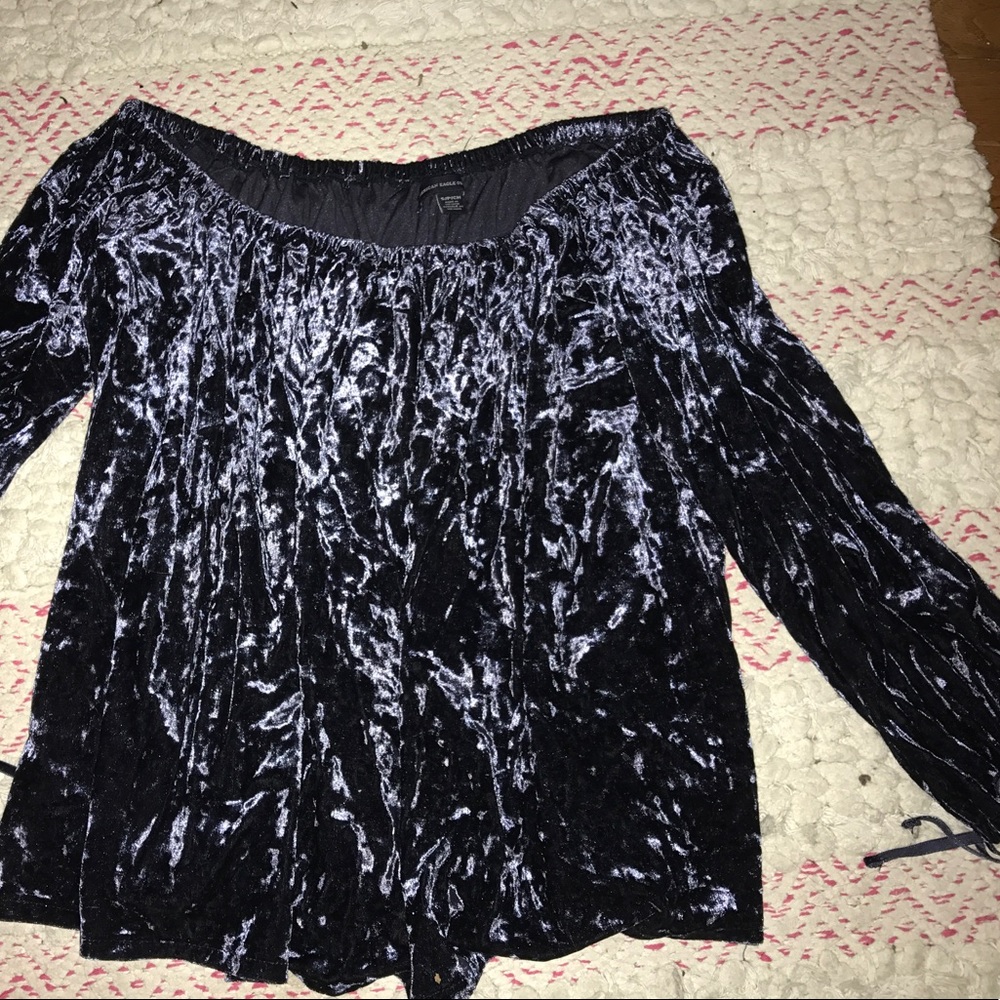 Velvet off the shoulder top navy long sleeve